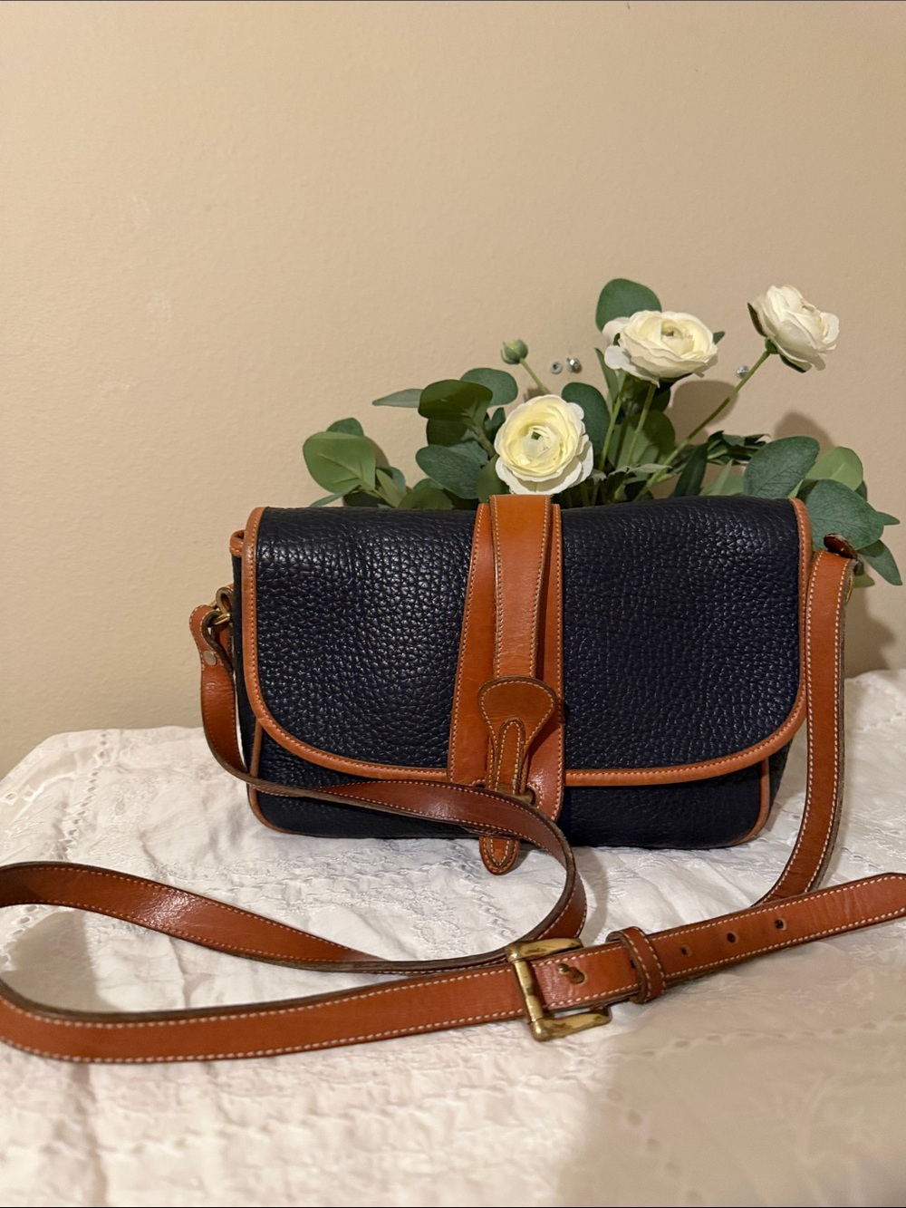 Dooney & Bourke Black Pebbled Leather Crossbody with Brown Trim